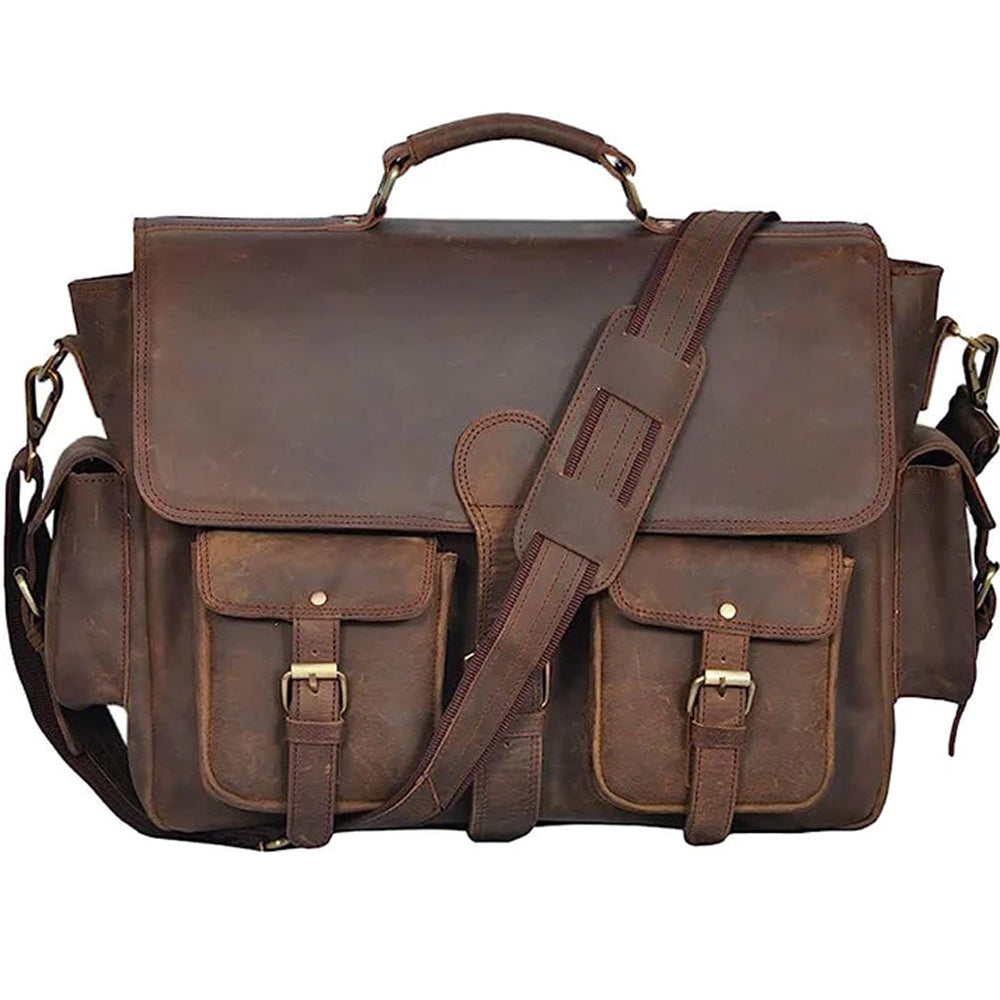 16 Inch Retro Buffalo Hunter Leather Laptop (Fits upto 15.6 Inch Laptop) Messenger Bag Office Briefcase College Bag (Dark Coffee)