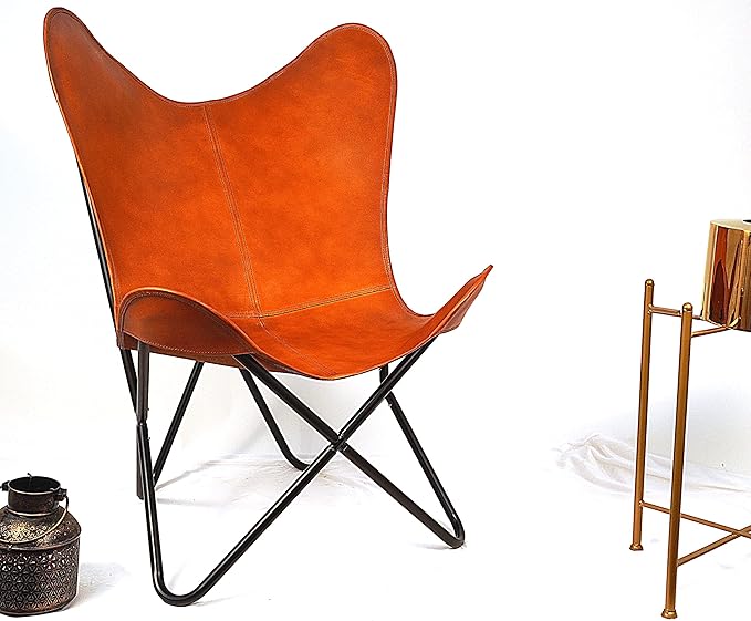 Leather Butterfly Arm Chair for Living Room Furniture - Mid Century Modern Accent Home Decor Lounge Chairs (Tan Cover with Black Folding Frame)
