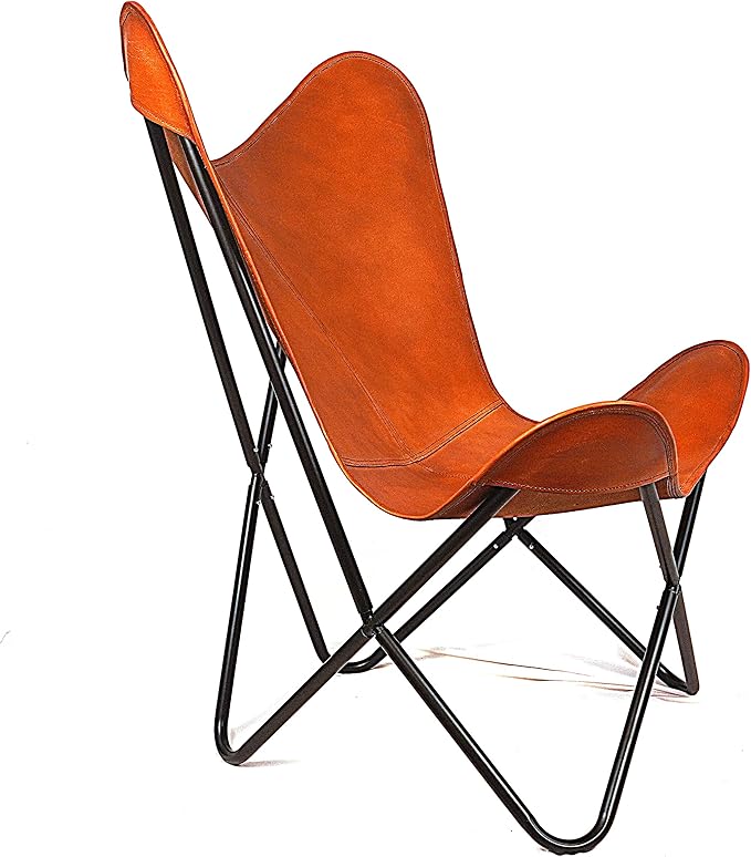 Leather Butterfly Arm Chair for Living Room Furniture - Mid Century Modern Accent Home Decor Lounge Chairs (Tan Cover with Black Folding Frame)