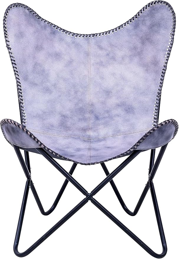 Grey Leather Butterfly Arm Chair -Handmade with Powder Coated Folding Iron Frame (Vintage Cover with Frame) (Grey+Black)