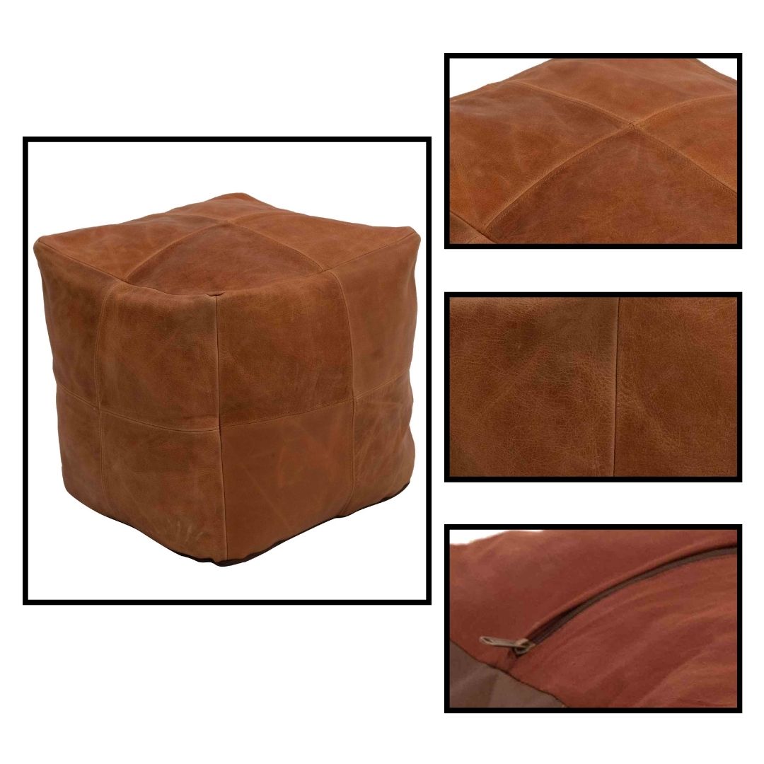 Square Leather Pouf Moroccan Pouf - Genuine Goatskin Leather - Room Decor -Hassock & Ottoman Footstool - Square & Large Ottoman Pouf - Unstuffed (Brown Color)