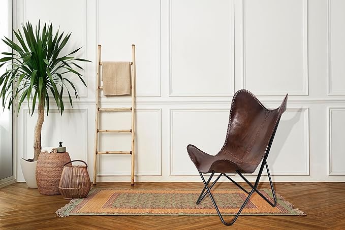 Vintage Brown Leather & Arm Butterfly Chair | Genuine Tan Leather Butterfly Chair Home Decor | Handmade Chair