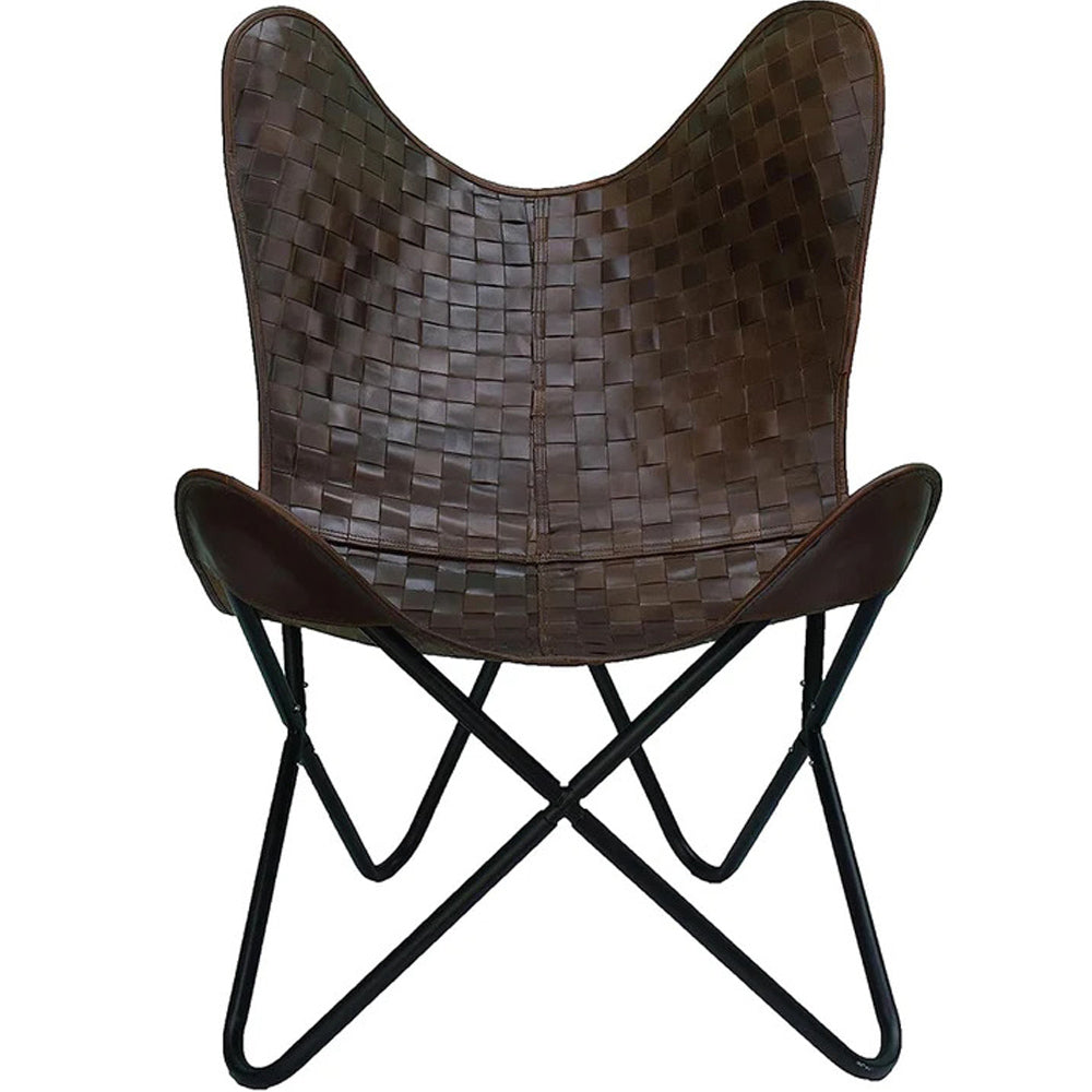 Leather Living Room Chairs-Butterfly Chair Brown Leather Butterfly Chair-Handmade with Powder Coated Folding Iron Frame (Cover with Folding Frame) (Black Iron Frame)