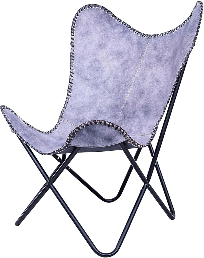 Grey Leather Butterfly Arm Chair -Handmade with Powder Coated Folding Iron Frame (Vintage Cover with Frame) (Grey+Black)