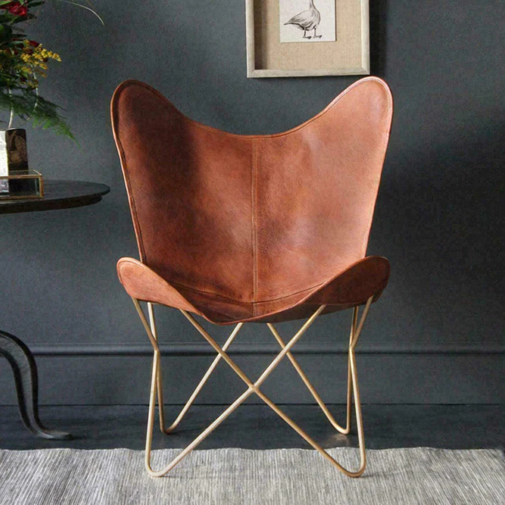 Leather Living Room Chairs-Butterfly Chair Brown Leather Butterfly Chair-Handmade with Powder Coated Folding Iron Frame