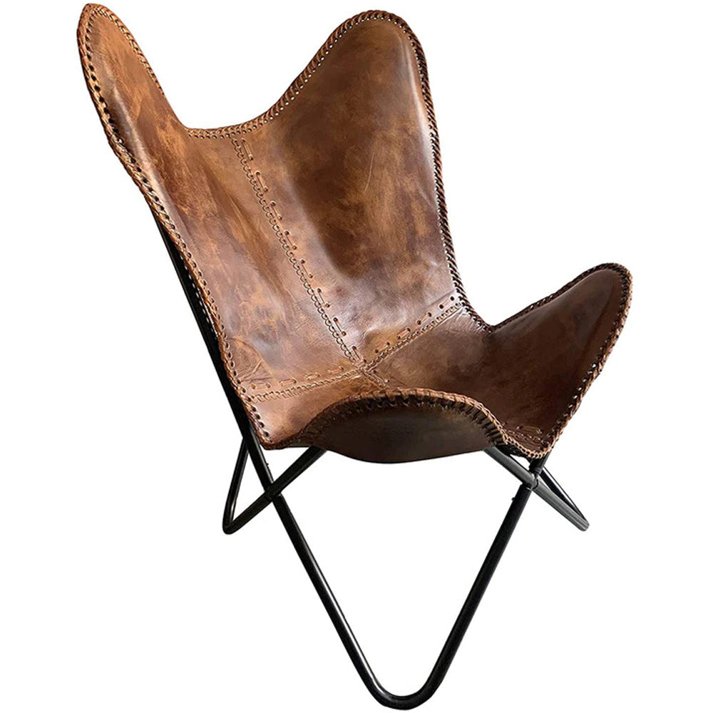 Brown Vintage Leather Arm Folding Chair/Genuine Antique Leather Butterfly Chair Home Décor/Handmade Chair (with Fold-able Stand) - Camping-Hiking-Chairs