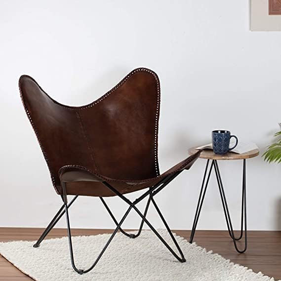 Vintage Brown Leather & Arm Butterfly Chair | Genuine Tan Leather Butterfly Chair Home Decor | Handmade Chair