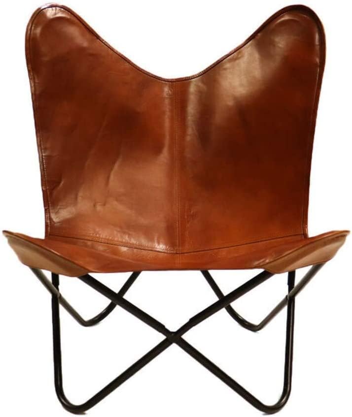 Leather Butterfly Chair Tan Leather Butterfly Chair Living Room Chair Leather Chair with Black Metal Base (Iron Frame with Tan Cover)