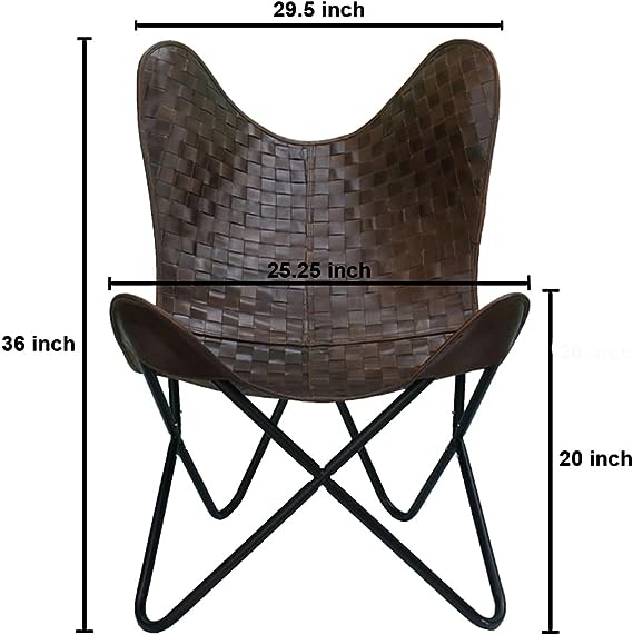 Leather Living Room Chairs-Butterfly Chair Brown Leather Butterfly Chair-Handmade with Powder Coated Folding Iron Frame (Cover with Folding Frame) (Black Iron Frame)