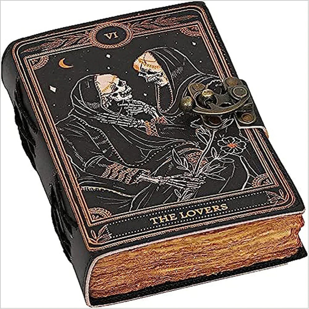 Hocus Pocus Handmade Book of Spells Of Shadows Leather Journal Deckle Edge Paper Grimoire Printed Journal The Lovers Tarot Notebook Spiral Gothic Notebook Skull lover Antique Vintage Leather Journals with antique C lock for Men and Women