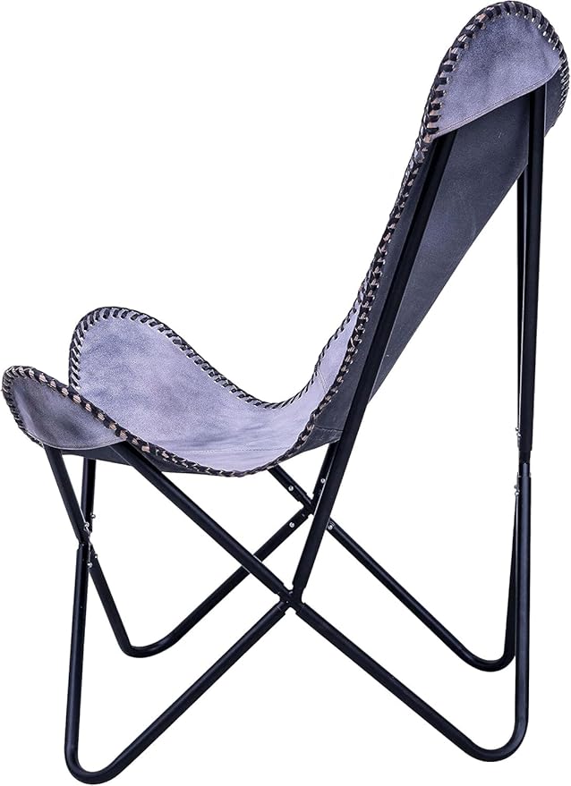 Grey Leather Butterfly Arm Chair -Handmade with Powder Coated Folding Iron Frame (Vintage Cover with Frame) (Grey+Black)