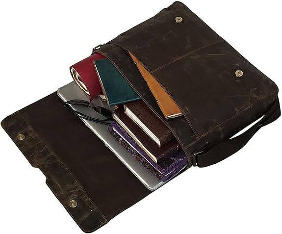 18 inch Vintage Buffalo Leather Messenger Satchel Half Flap Laptop Briefcase Men's Bag Crazy Vintage Leather Messenger (Brown)