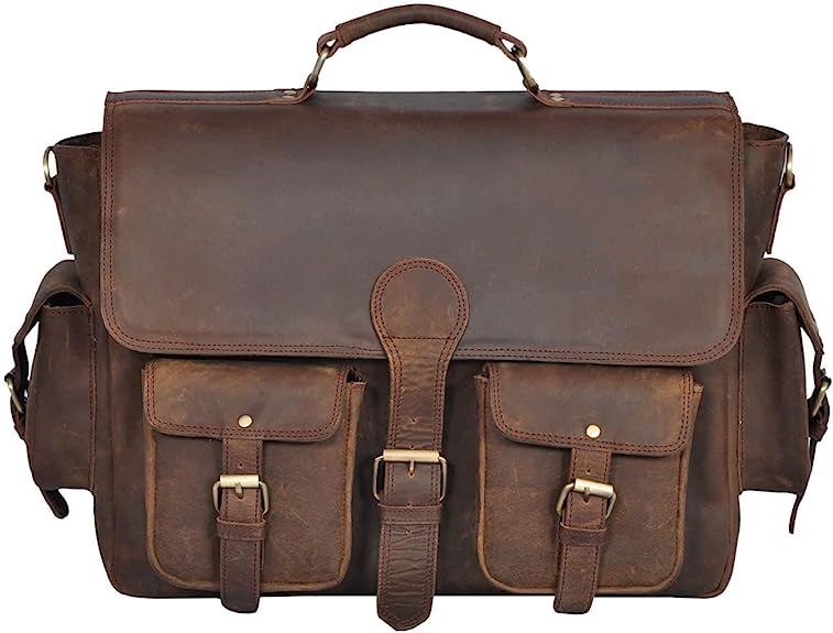 16 Inch Retro Buffalo Hunter Leather Laptop (Fits upto 15.6 Inch Laptop) Messenger Bag Office Briefcase College Bag (Dark Coffee)