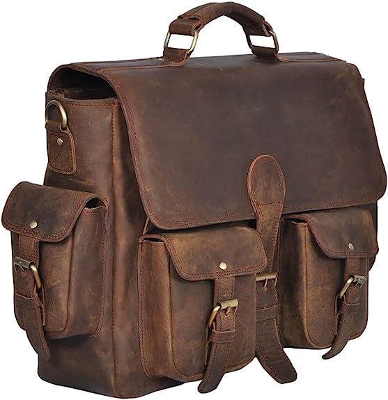 16 Inch Retro Buffalo Hunter Leather Laptop (Fits upto 15.6 Inch Laptop) Messenger Bag Office Briefcase College Bag (Dark Coffee)