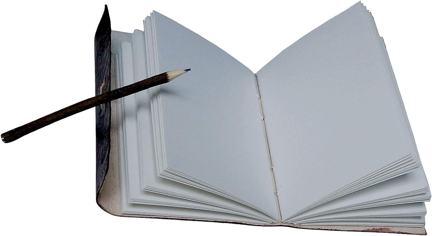 Antique Handmade Leather | Notepad Sketch Book Leather | Embosses Leather Journals | Best Gift For Art Sketchbook | Lock With Wooden Pencil & Handmade Paper