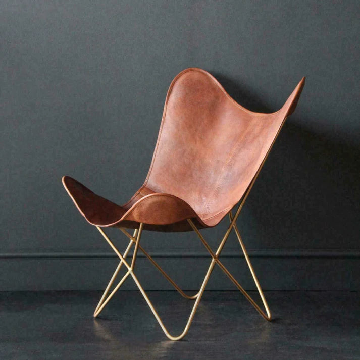 Leather Living Room Chairs-Butterfly Chair Brown Leather Butterfly Chair-Handmade with Powder Coated Folding Iron Frame