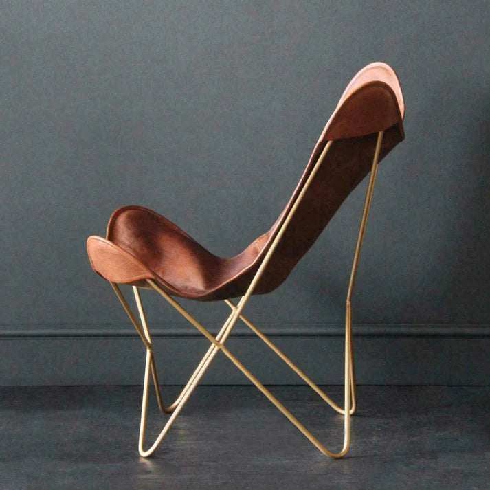 Leather Living Room Chairs-Butterfly Chair Brown Leather Butterfly Chair-Handmade with Powder Coated Folding Iron Frame