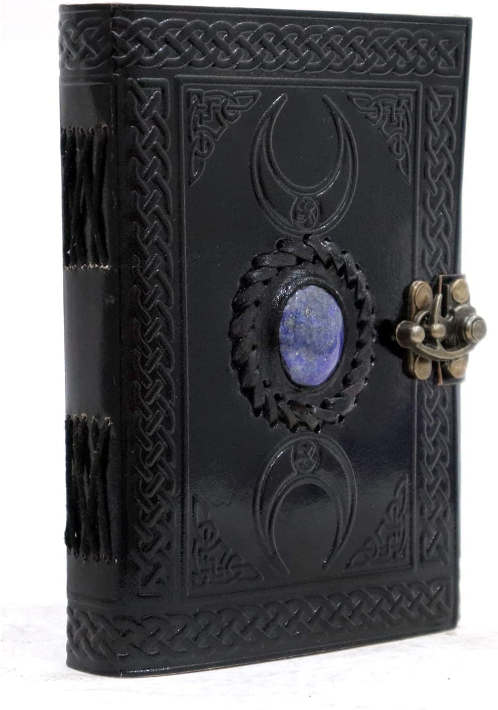 Moon Blue Lapiz Gemstone Studded Vintage Writing Handmade Leather Notebook Journal Unlined Antique Handmade Deckle Edge Vintage Paper, Leather Sketchbook, Drawing Journal, Great Gift Clasp Office Product 5x7