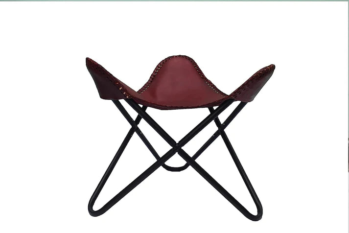 Handmade Leather Arm Chair Cover with Iron Stand and Leather Stool Leather Butterfly Chair Home Decor Rich Brown