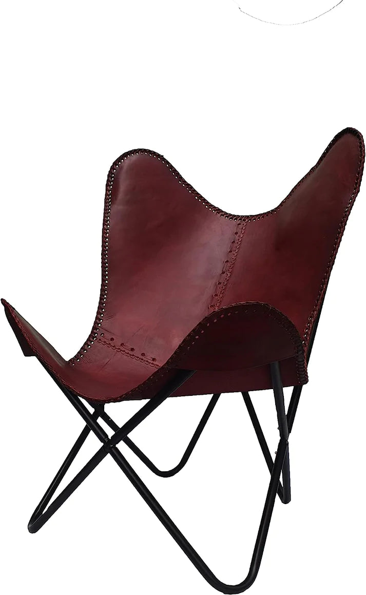 Handmade Leather Arm Chair Cover with Iron Stand and Leather Stool Leather Butterfly Chair Home Decor Rich Brown