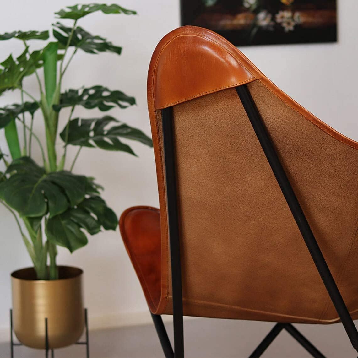 Leather Butterfly Chair Tan Leather Butterfly Chair Living Room Chair Leather Chair with Black Metal Base (Iron Frame with Tan Cover)
