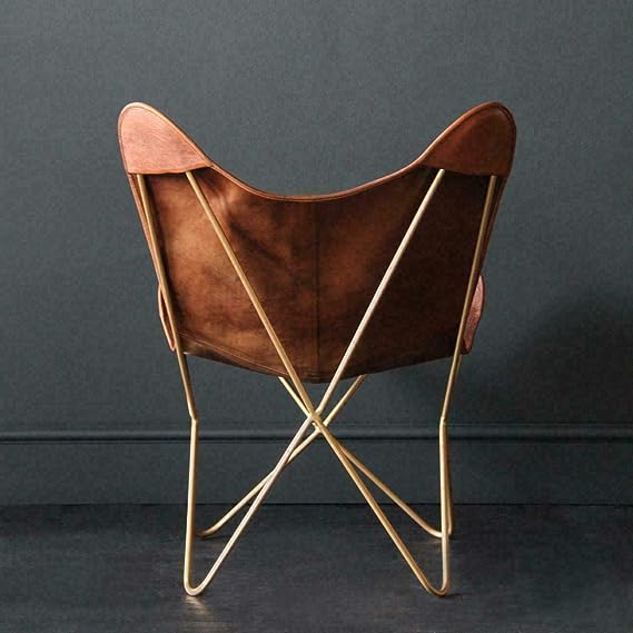 Leather Living Room Chairs-Butterfly Chair Brown Leather Butterfly Chair-Handmade with Powder Coated Folding Iron Frame