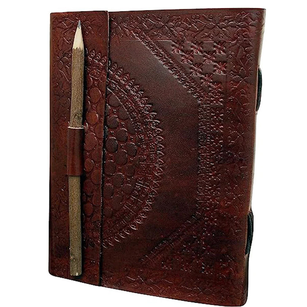 Antique Handmade Leather | Notepad Sketch Book Leather | Embosses Leather Journals | Best Gift For Art Sketchbook | Lock With Wooden Pencil & Handmade Paper