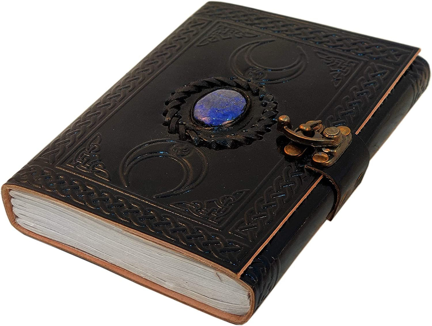 Moon Blue Lapiz Gemstone Studded Vintage Writing Handmade Leather Notebook Journal Unlined Antique Handmade Deckle Edge Vintage Paper, Leather Sketchbook, Drawing Journal, Great Gift Clasp Office Product 5x7