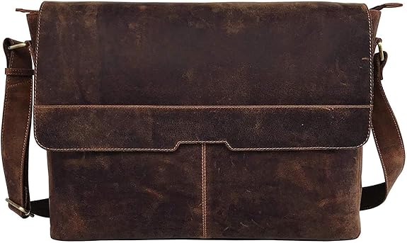 18 inch Vintage Buffalo Leather Messenger Satchel Half Flap Laptop Briefcase Men's Bag Crazy Vintage Leather Messenger (Brown)