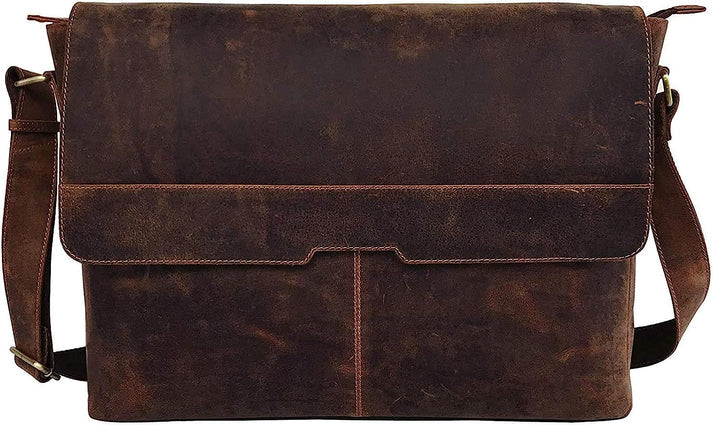18 inch Vintage Buffalo Leather Messenger Satchel Half Flap Laptop Briefcase Men's Bag Crazy Vintage Leather Messenger (Brown)