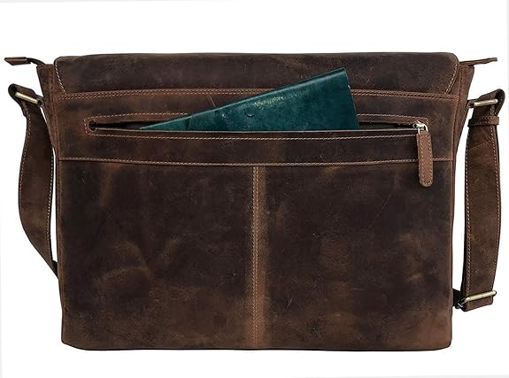 18 inch Vintage Buffalo Leather Messenger Satchel Half Flap Laptop Briefcase Men's Bag Crazy Vintage Leather Messenger (Brown)