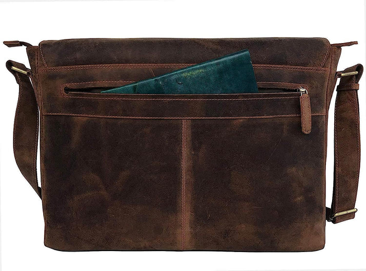 18 inch Vintage Buffalo Leather Messenger Satchel Half Flap Laptop Briefcase Men's Bag Crazy Vintage Leather Messenger (Brown)