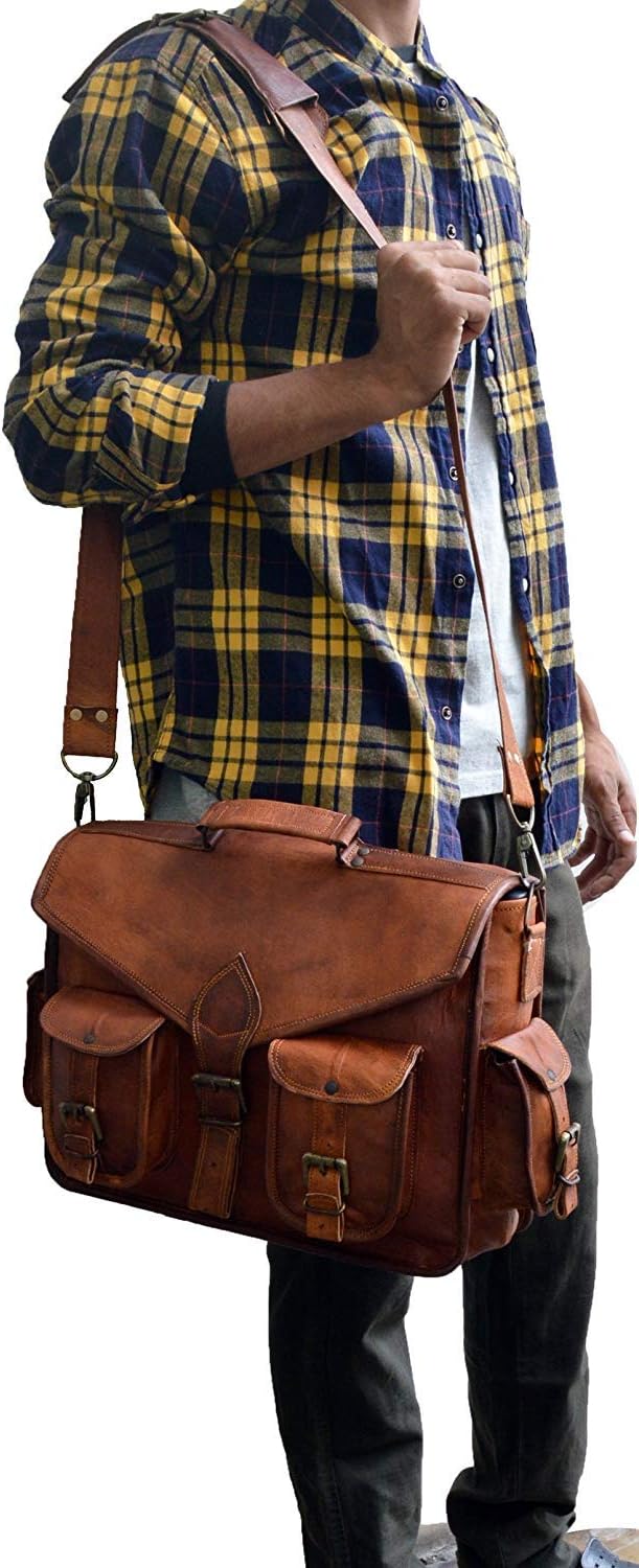 15 inch Vintage Leather Messenger Satchel Bag | Briefcase Laptop Messenger Bag (Dark Brown)