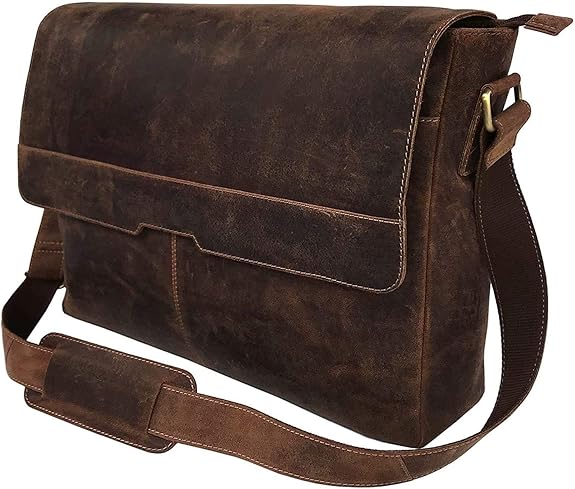 18 inch Vintage Buffalo Leather Messenger Satchel Half Flap Laptop Briefcase Men's Bag Crazy Vintage Leather Messenger (Brown)