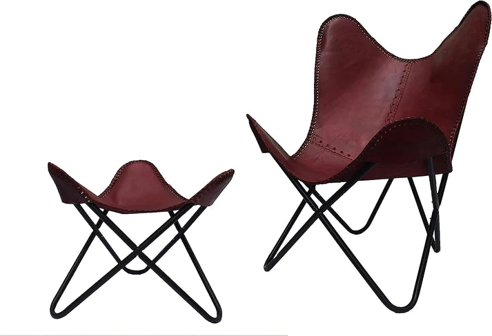 Handmade Leather Arm Chair Cover with Iron Stand and Leather Stool Leather Butterfly Chair Home Decor Rich Brown