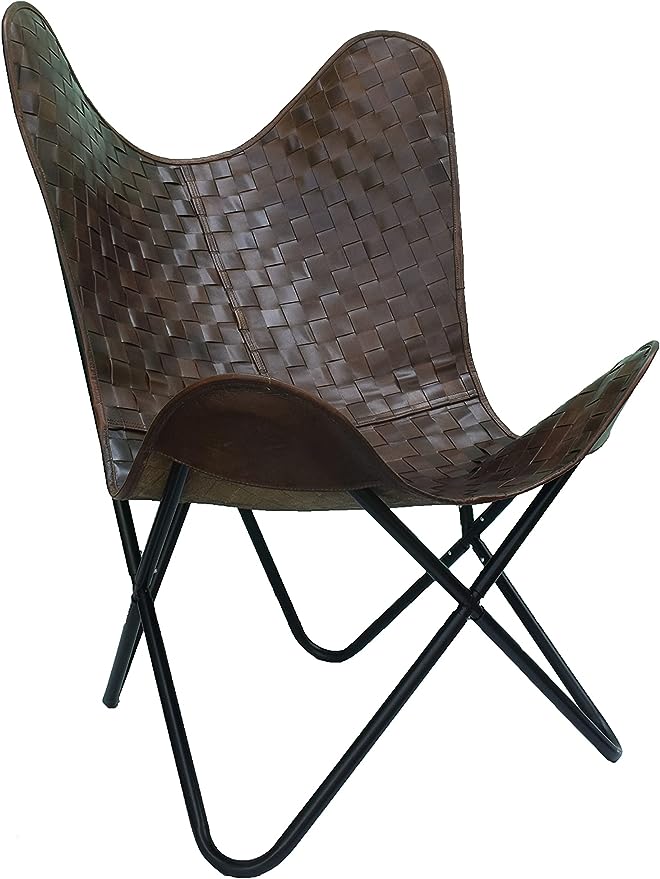 Leather Living Room Chairs-Butterfly Chair Brown Leather Butterfly Chair-Handmade with Powder Coated Folding Iron Frame (Cover with Folding Frame) (Black Iron Frame)