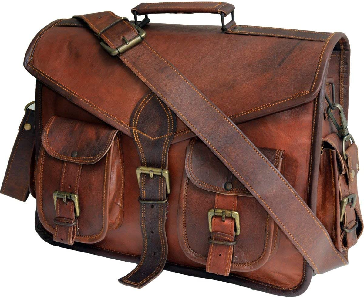 15 inch Vintage Leather Messenger Satchel Bag | Briefcase Laptop Messenger Bag (Dark Brown)