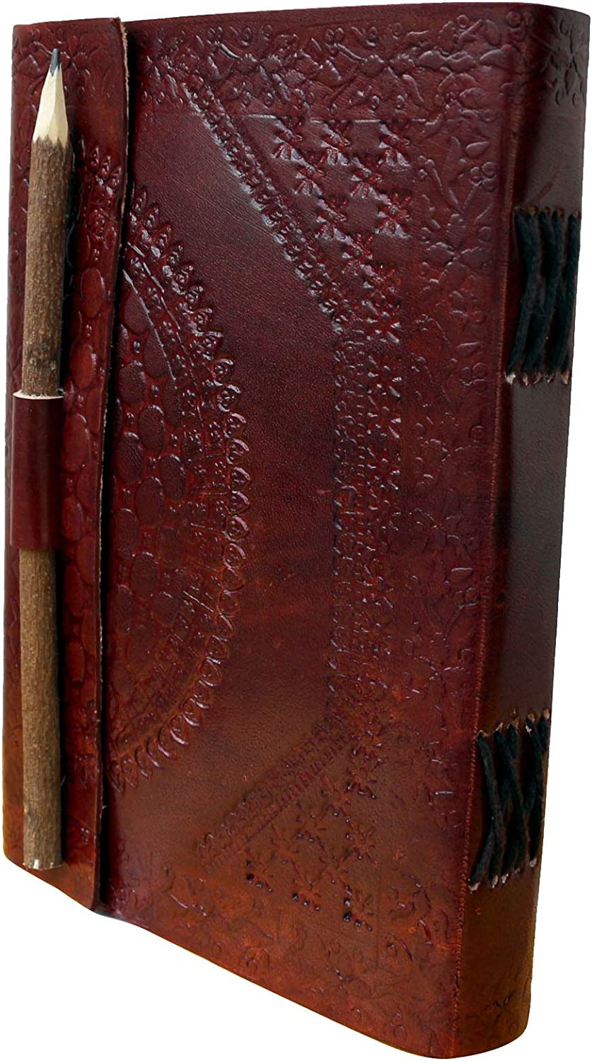 Antique Handmade Leather | Notepad Sketch Book Leather | Embosses Leather Journals | Best Gift For Art Sketchbook | Lock With Wooden Pencil & Handmade Paper