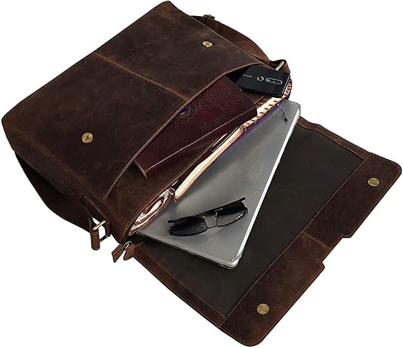 18 inch Vintage Buffalo Leather Messenger Satchel Half Flap Laptop Briefcase Men's Bag Crazy Vintage Leather Messenger (Brown)