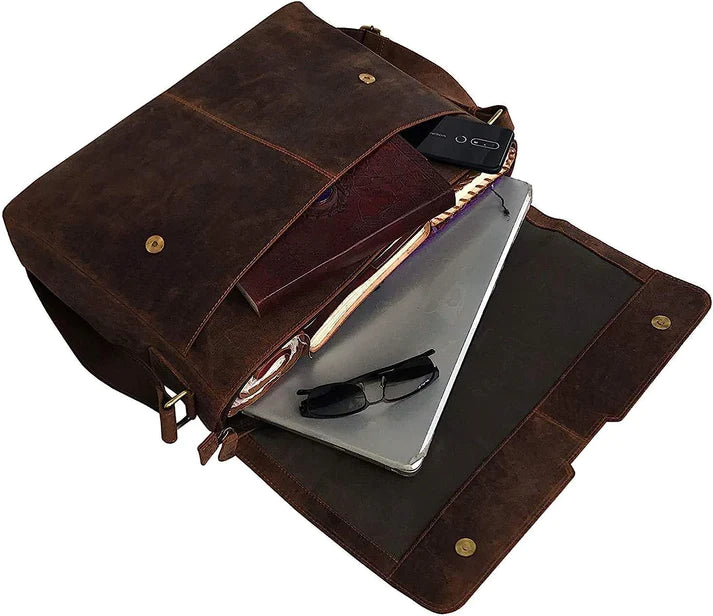 18 inch Vintage Buffalo Leather Messenger Satchel Half Flap Laptop Briefcase Men's Bag Crazy Vintage Leather Messenger (Brown)