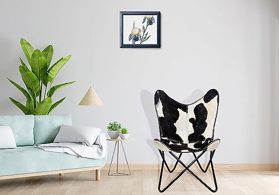 Home Decor Genuine Goat Leather Butterfly Arm Chair with Black/Brown White Hair on Cover (Black and White with Black Frame)
