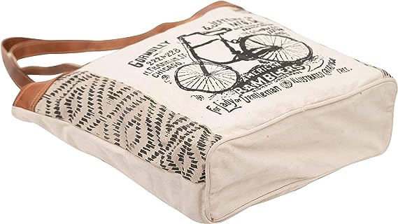Leather Bags Bicycle Upcycled Canvas Tote Bag White Tan, Khaki, Brown