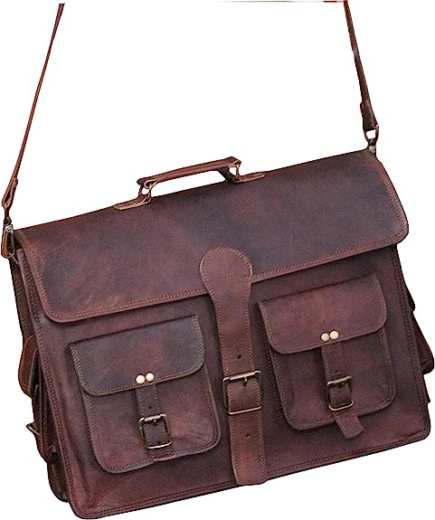 15 INCH Vintage Handmade Leather Travel Messenger Office Crossbody Bag Laptop Briefcase Computer College Satchel Bag For Men And Women