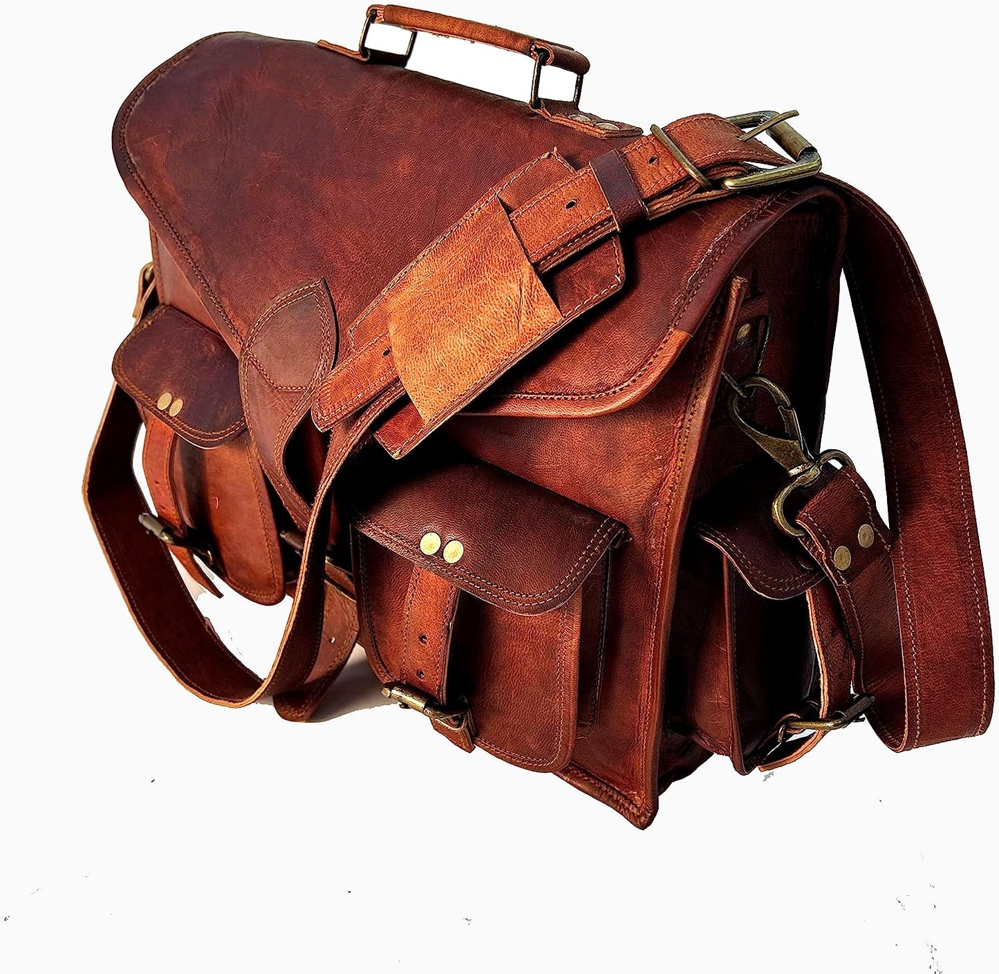 15 inch Vintage Leather Messenger Satchel Bag | Briefcase Laptop Messenger Bag (Dark Brown)