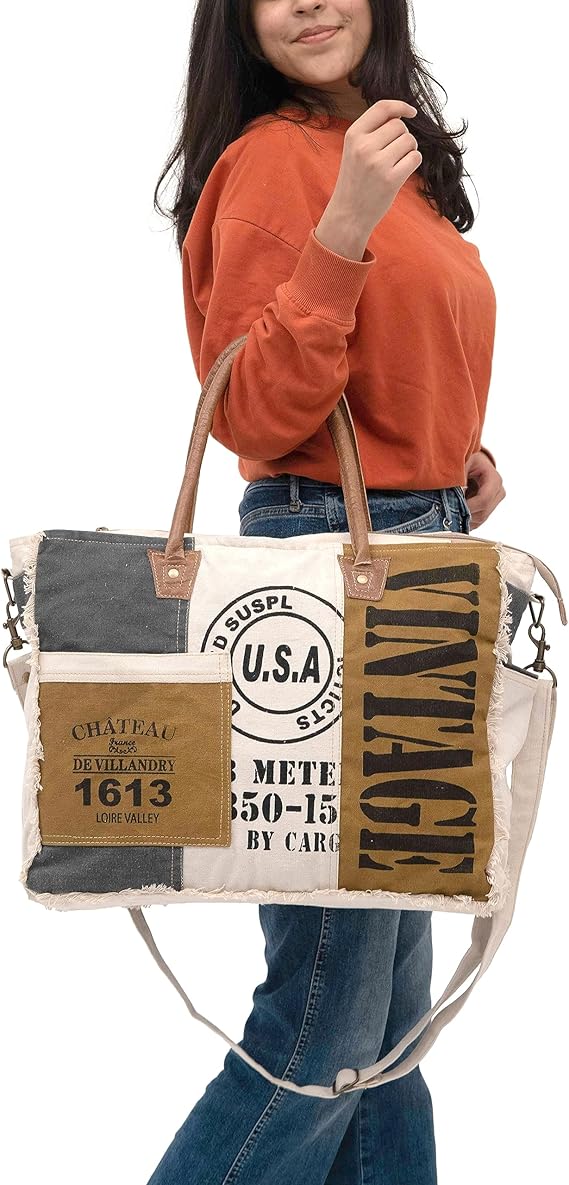 SEL de MER Upcycled Large Upcycled Canvas Crossbody Bag & Cowhide Tote Bag, Upcycled Canvas & Cowhide Leather Handbag Bag for Women