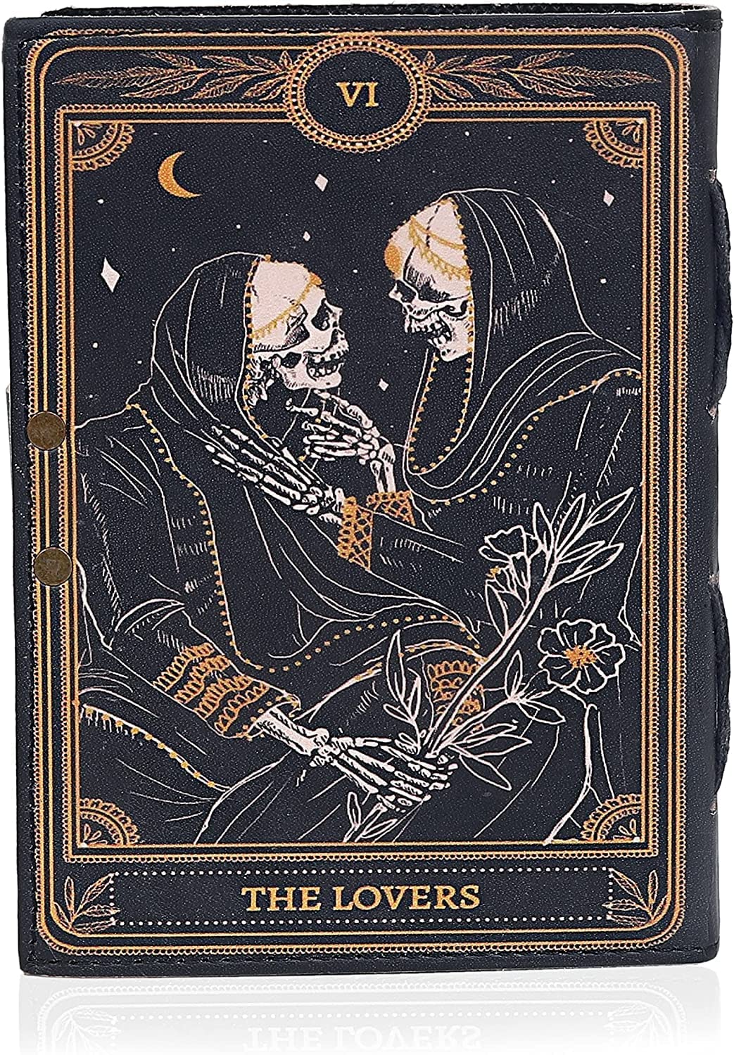 Hocus Pocus Handmade Book of Spells Of Shadows Leather Journal Deckle Edge Paper Grimoire Printed Journal The Lovers Tarot Notebook Spiral Gothic Notebook Skull lover Antique Vintage Leather Journals with antique C lock for Men and Women