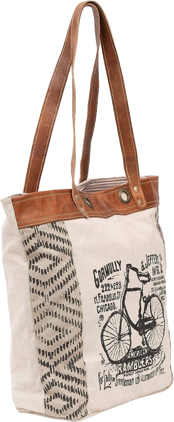 Leather Bags Bicycle Upcycled Canvas Tote Bag White Tan, Khaki, Brown