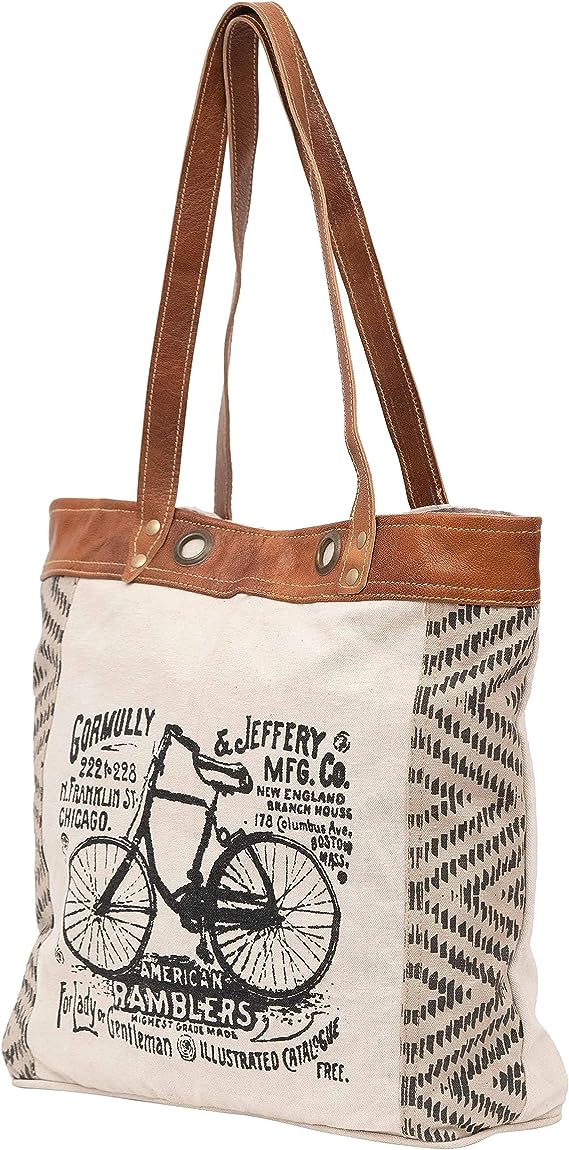 Leather Bags Bicycle Upcycled Canvas Tote Bag White Tan, Khaki, Brown