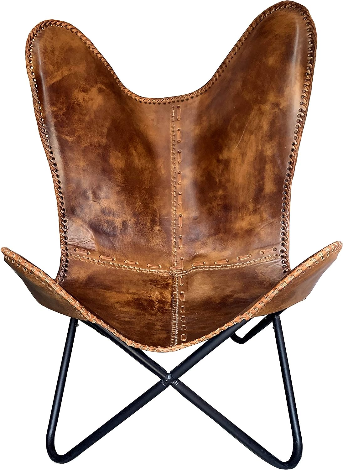 Brown Vintage Leather Arm Folding Chair/Genuine Antique Leather Butterfly Chair Home Décor/Handmade Chair (with Fold-able Stand) - Camping-Hiking-Chairs