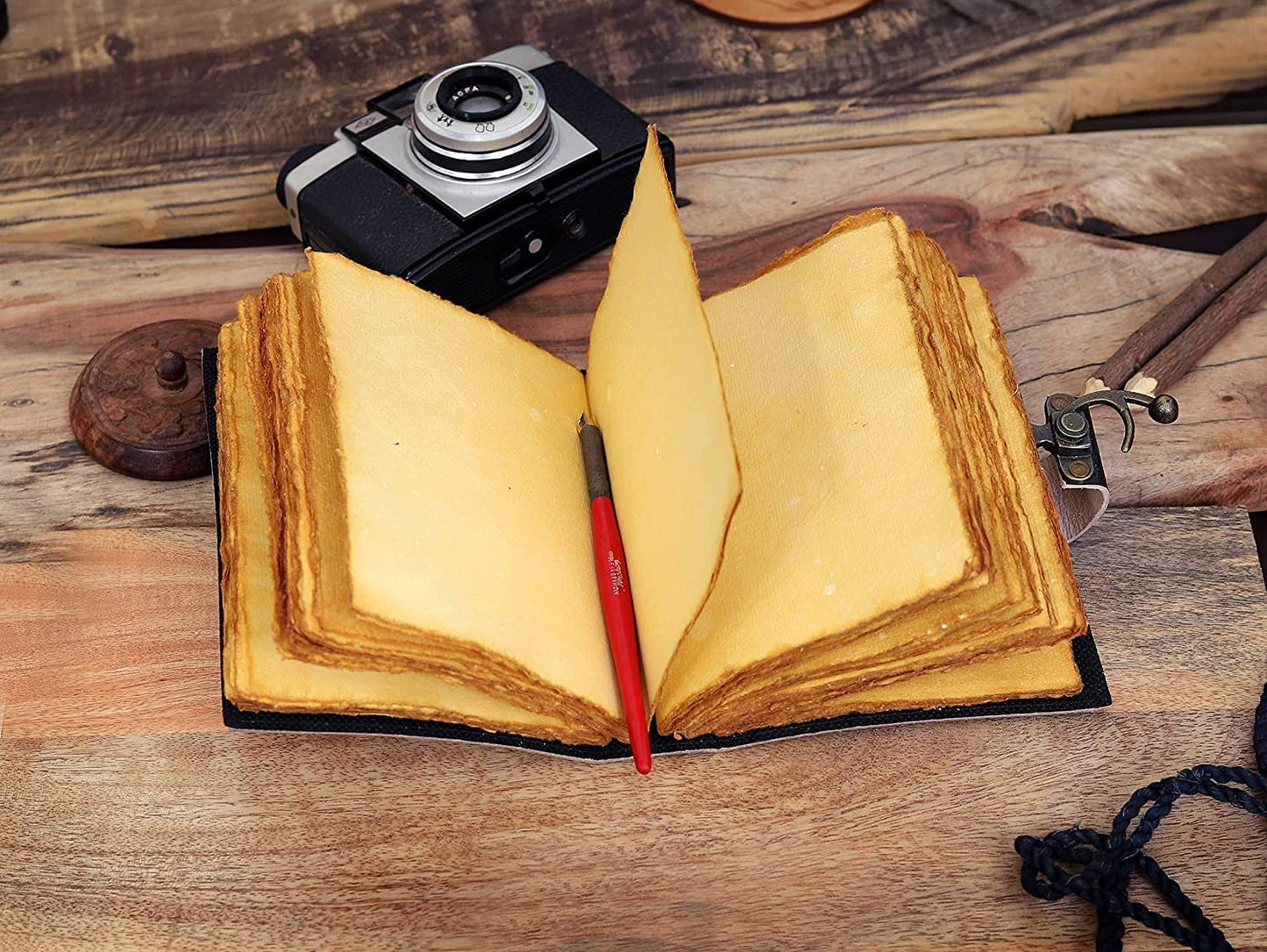 Hocus Pocus Handmade Book of Spells Of Shadows Leather Journal Deckle Edge Paper Grimoire Printed Journal The Lovers Tarot Notebook Spiral Gothic Notebook Skull lover Antique Vintage Leather Journals with antique C lock for Men and Women